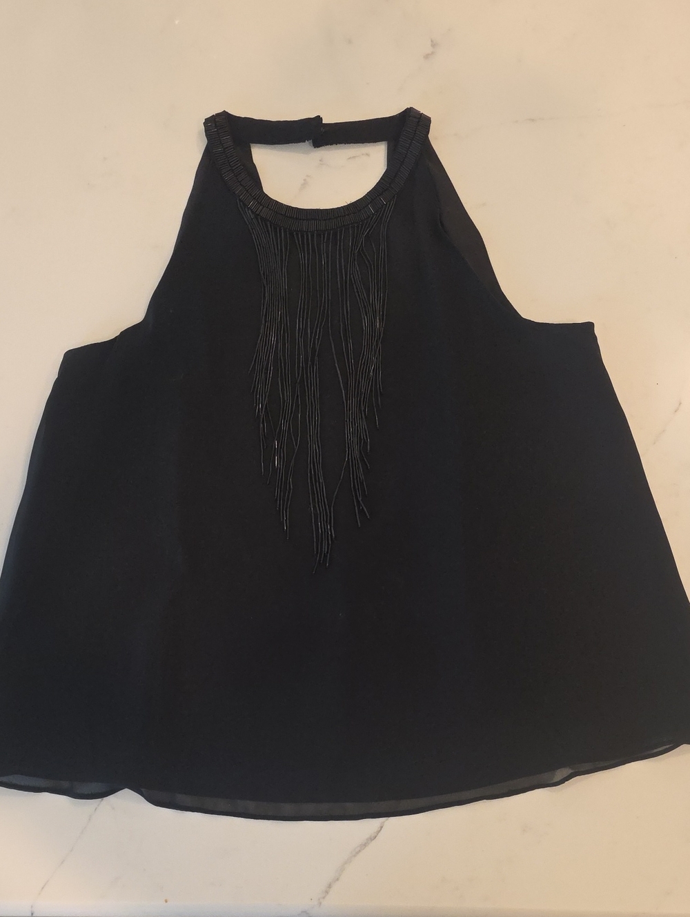 Sleeveless Black Beaded Fringe Halter Top